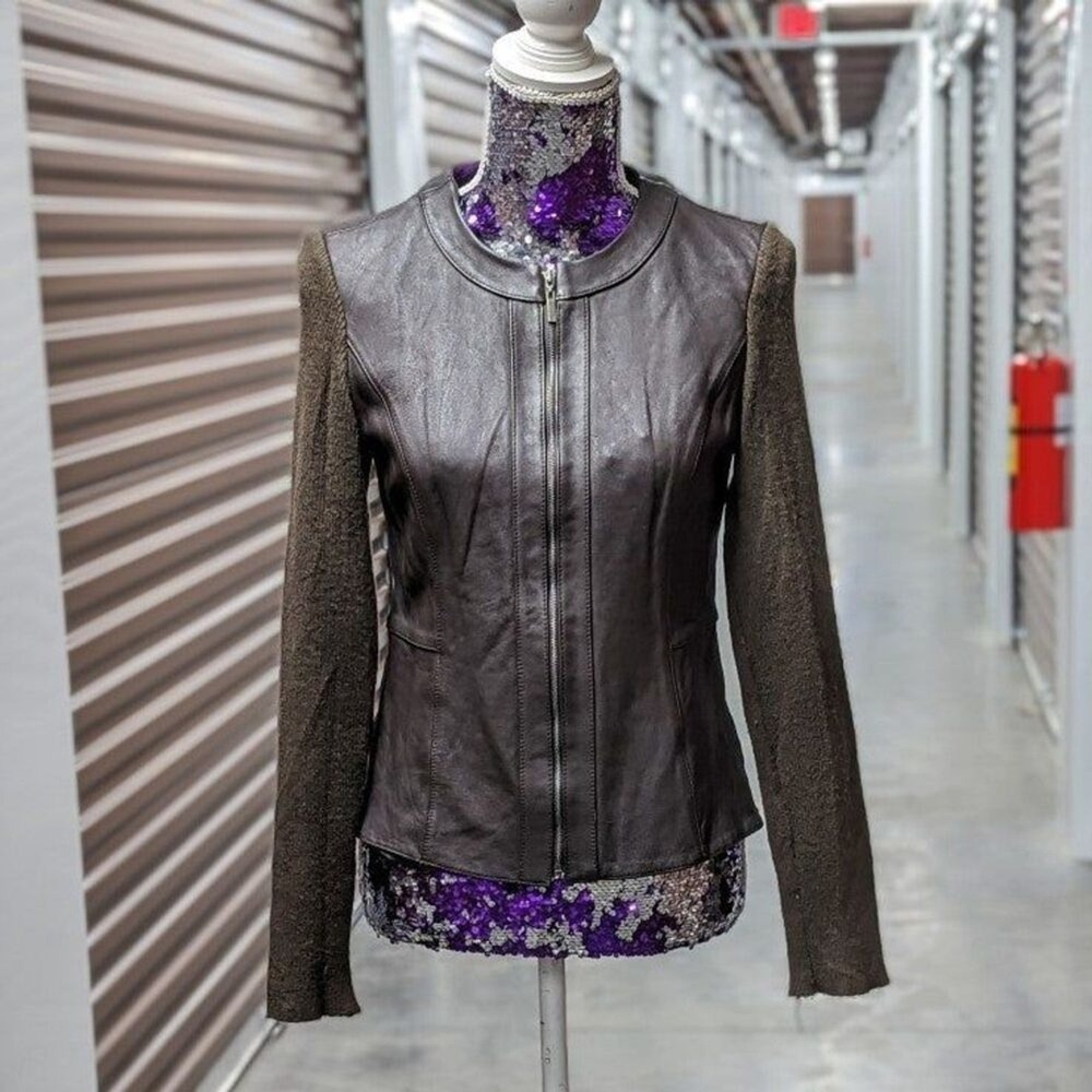 Quiet Luxury Genuine Leather‎ Knit Moto Jacket Brown Jaclyn Smith Small